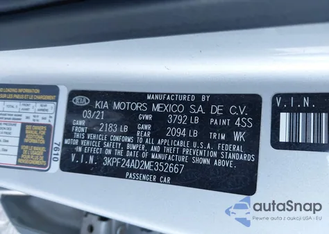 2021 Kia Forte Lxs z USA, uszkodzony, nr VIN 3KPF24AD2ME352667